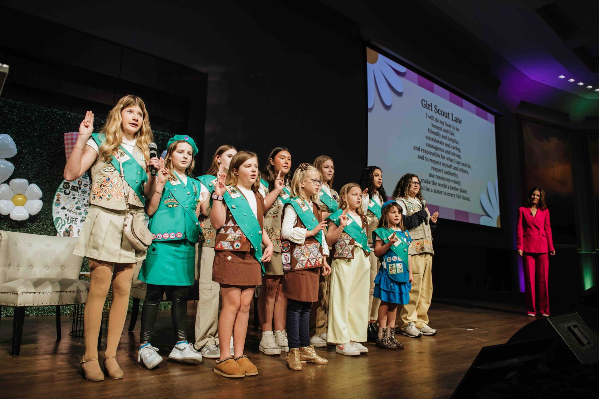 2025 JLLS Luncheon-Girl Scouts on stage reciting the pledge
