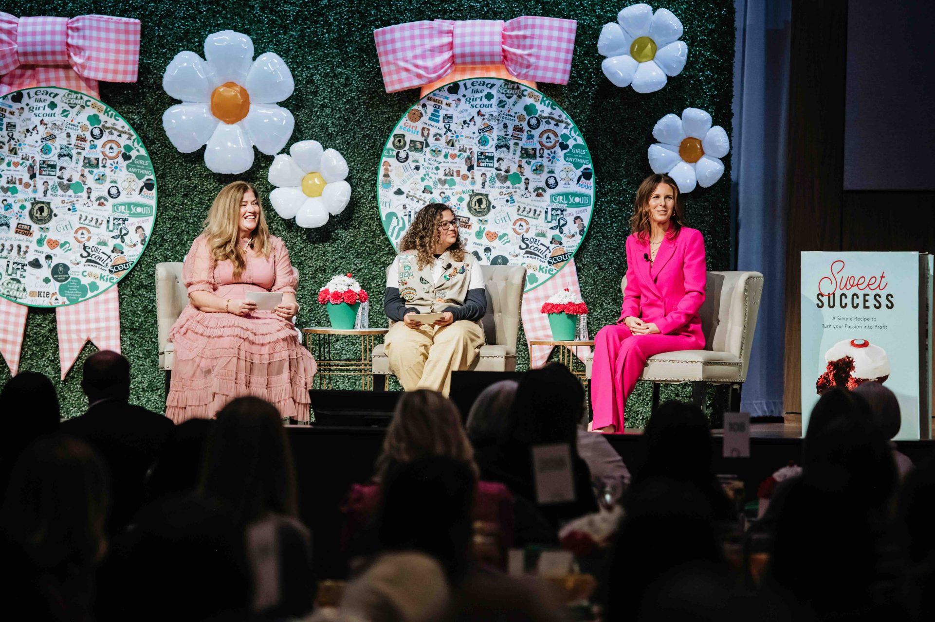 2025 JLLS Luncheon-Candance Nelson on stage with Christi Woodworth and Girl Scout
