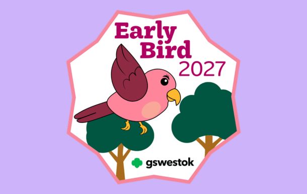 Early Bird 2027 patch featuring a pink bird with two green trees behind it
